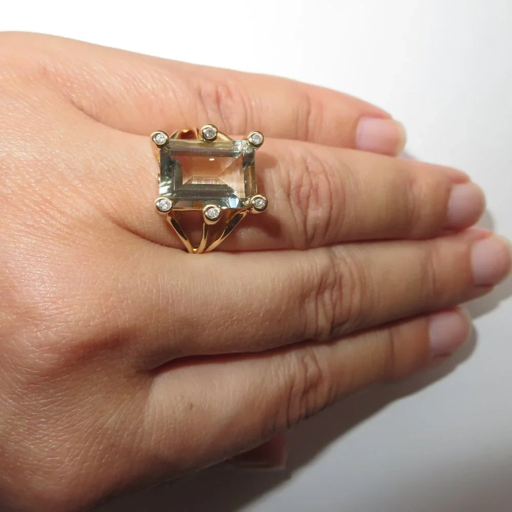 Natural Prasiolite Green Quartz Natural Diamonds 14K Yellow Gold Cocktail Ring